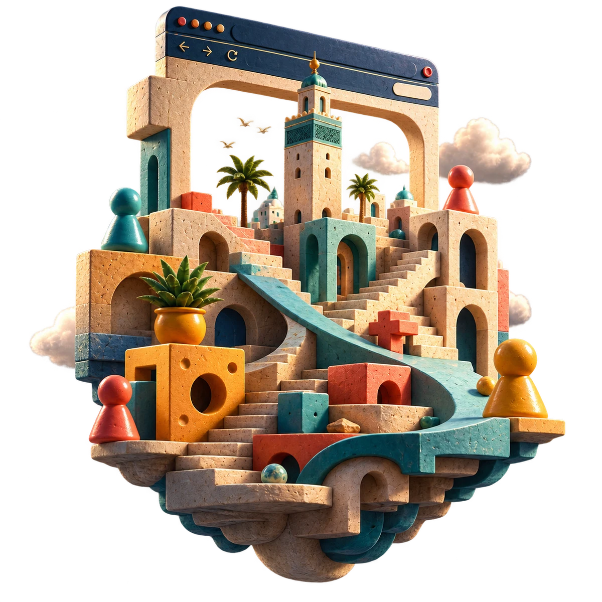 A floating browser world of Moroccan arches, teal paths, and colorful game pieces