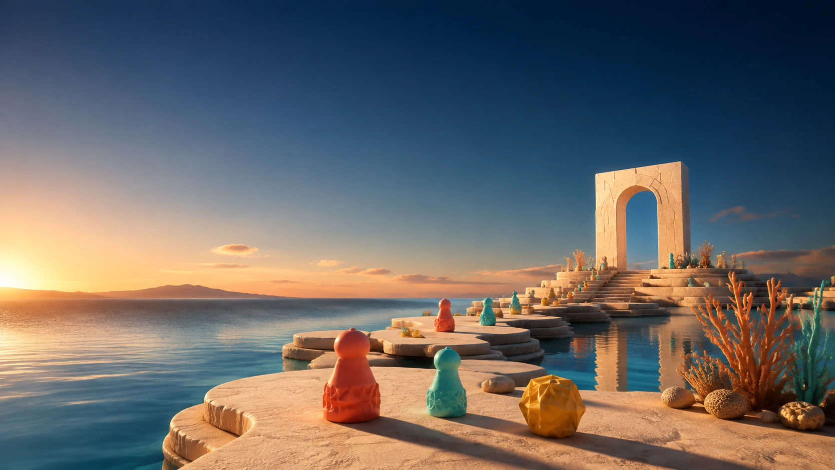Game pieces crossing a sunlit path toward an open portal