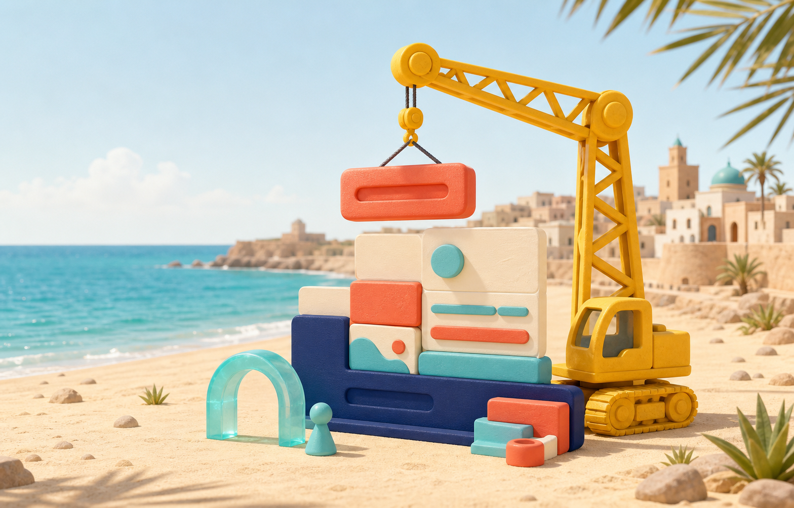 A playful toy crane building a colorful website on a Moroccan beach