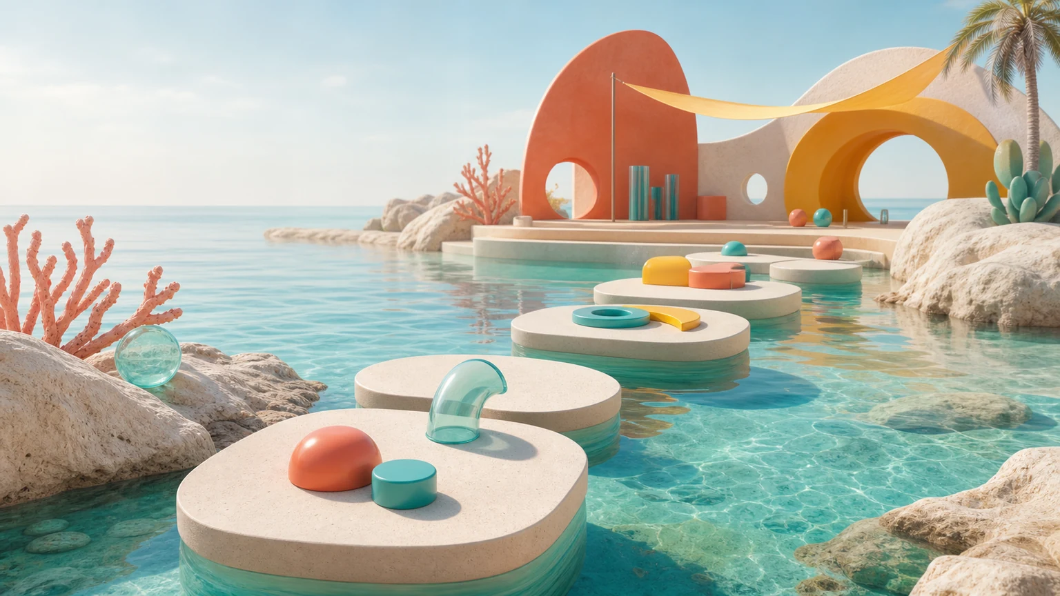 A sunlit playful world of stepping stones by the sea
